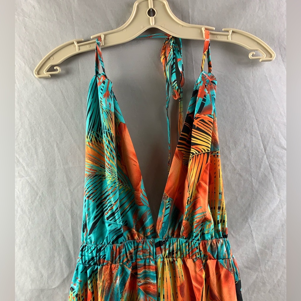 Tropical Print Tie Backless Split Thigh Halter Jumpsuit - Picture 8 of 8
